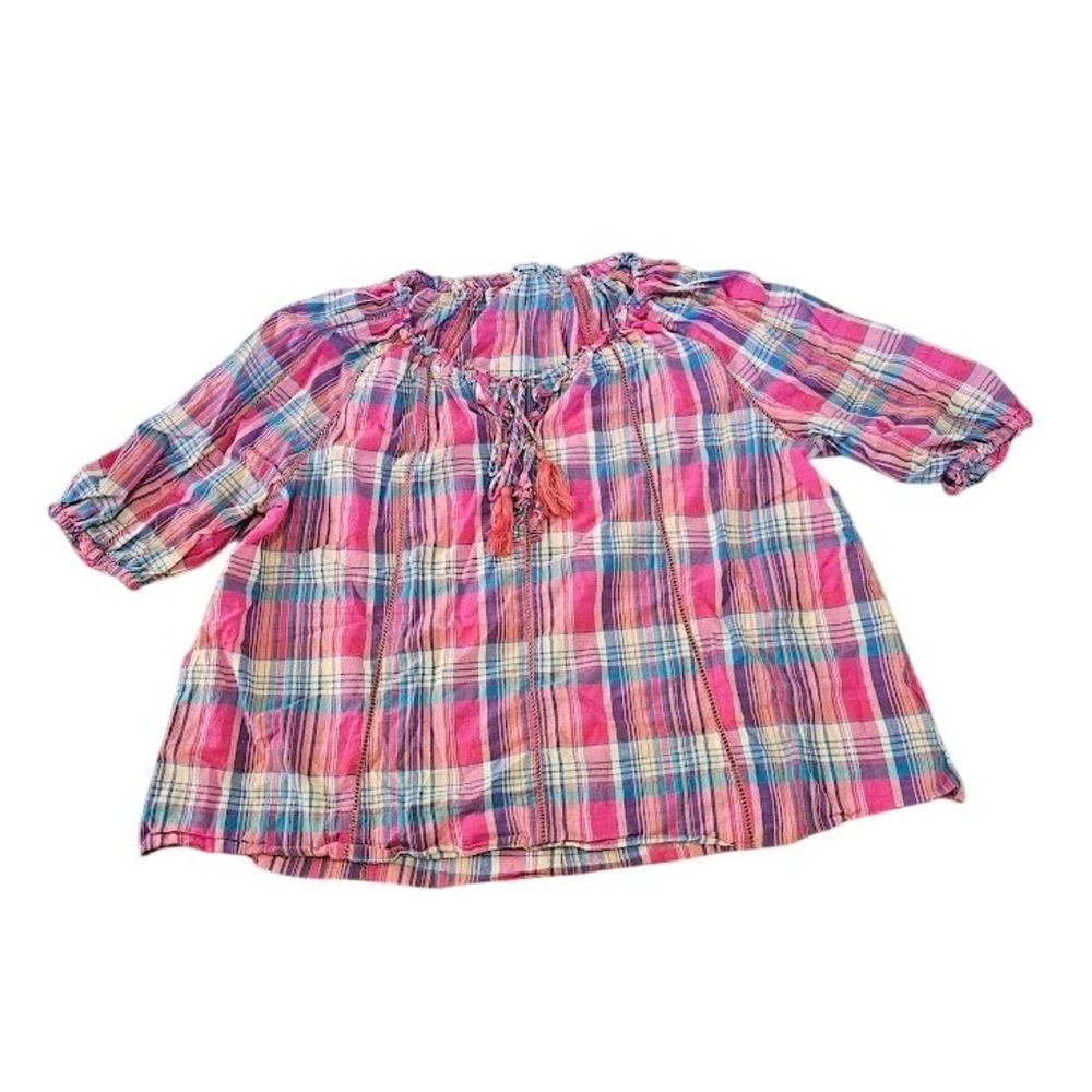 Sundance Womens XXL Pink Plaid Cotton Tassel Tie Boho Blouse 3/4 Sleeve Top